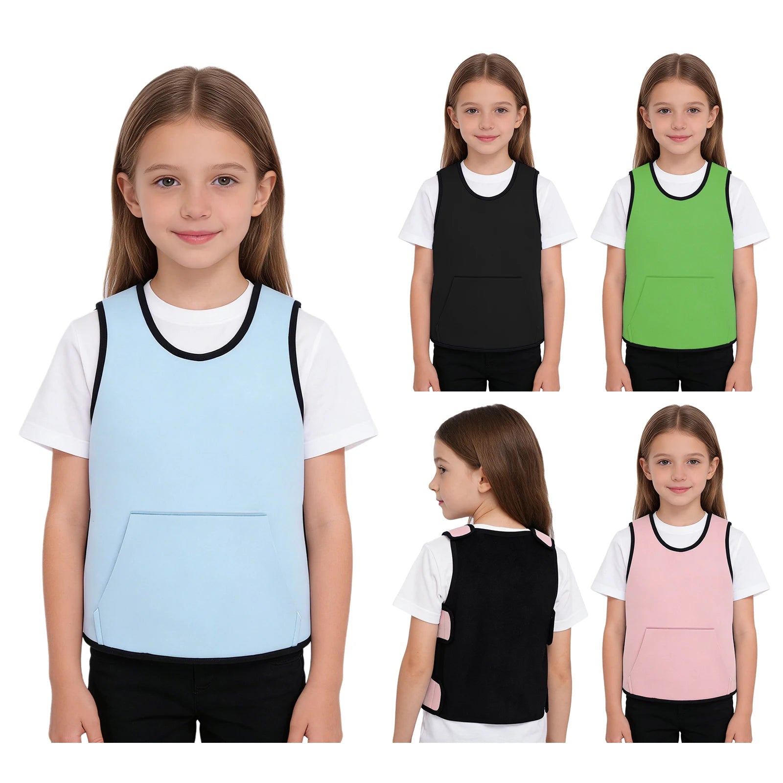 Child wearing a light blue Weighted Vest Kids Boys Girls Special Needs Adaptive Clothing Adjustable Fastener Sensory Compression Vest for Autism ADHD SPD, shown with additional color options including black, green, and pink, demonstrating front and back views of the adjustable fastener design.