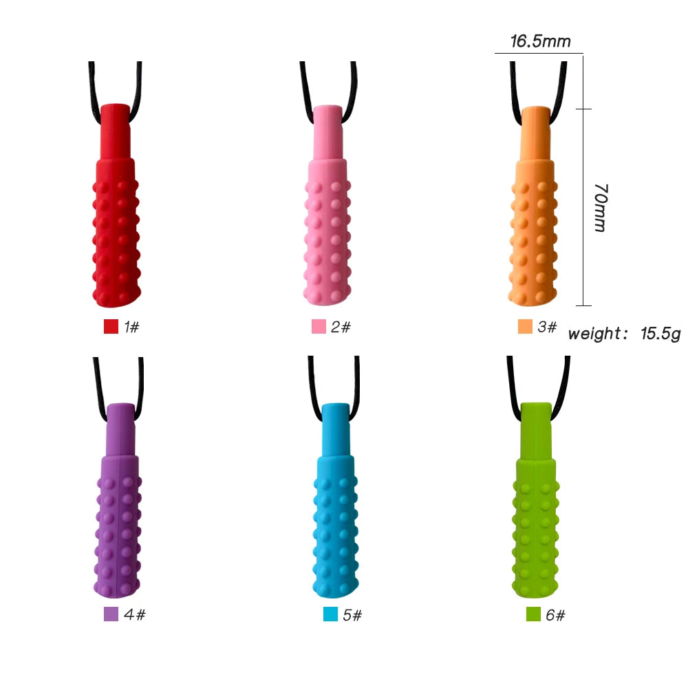 3PCS Sensory Chew Necklace A sensory oral aid teether toy for autism, hyperactivity, infant breastfeeding or special needs in multiple colors with textured surface for calming sensory input.