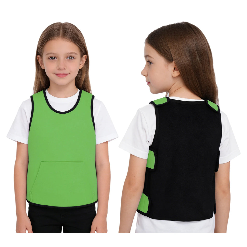 Child wearing a green and black Weighted Vest Kids Boys Girls Special Needs Adaptive Clothing Adjustable Fastener Sensory Compression Vest for Autism ADHD SPD, front and back views displayed.