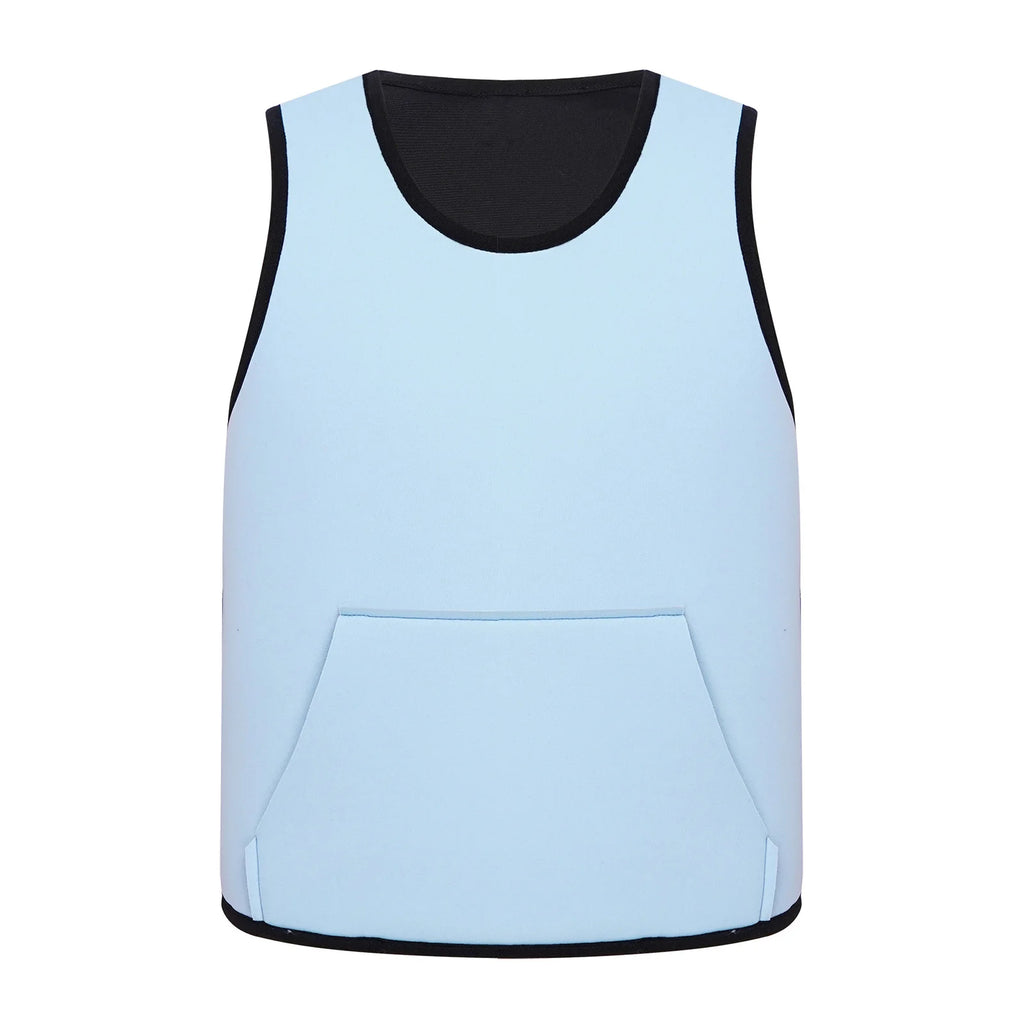 Light blue sensory compression vest with black trim designed for children, featuring adjustable fastener and pocket, Weighted Vest Kids Boys Girls Special Needs Adaptive Clothing Adjustable Fastener Sensory Compression Vest for Autism ADHD SPD.