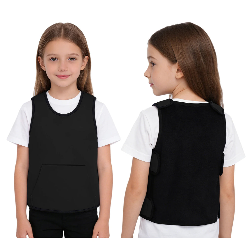 Child wearing a black Weighted Vest Kids Boys Girls Special Needs Adaptive Clothing Adjustable Fastener Sensory Compression Vest for Autism ADHD SPD, shown from front and back.