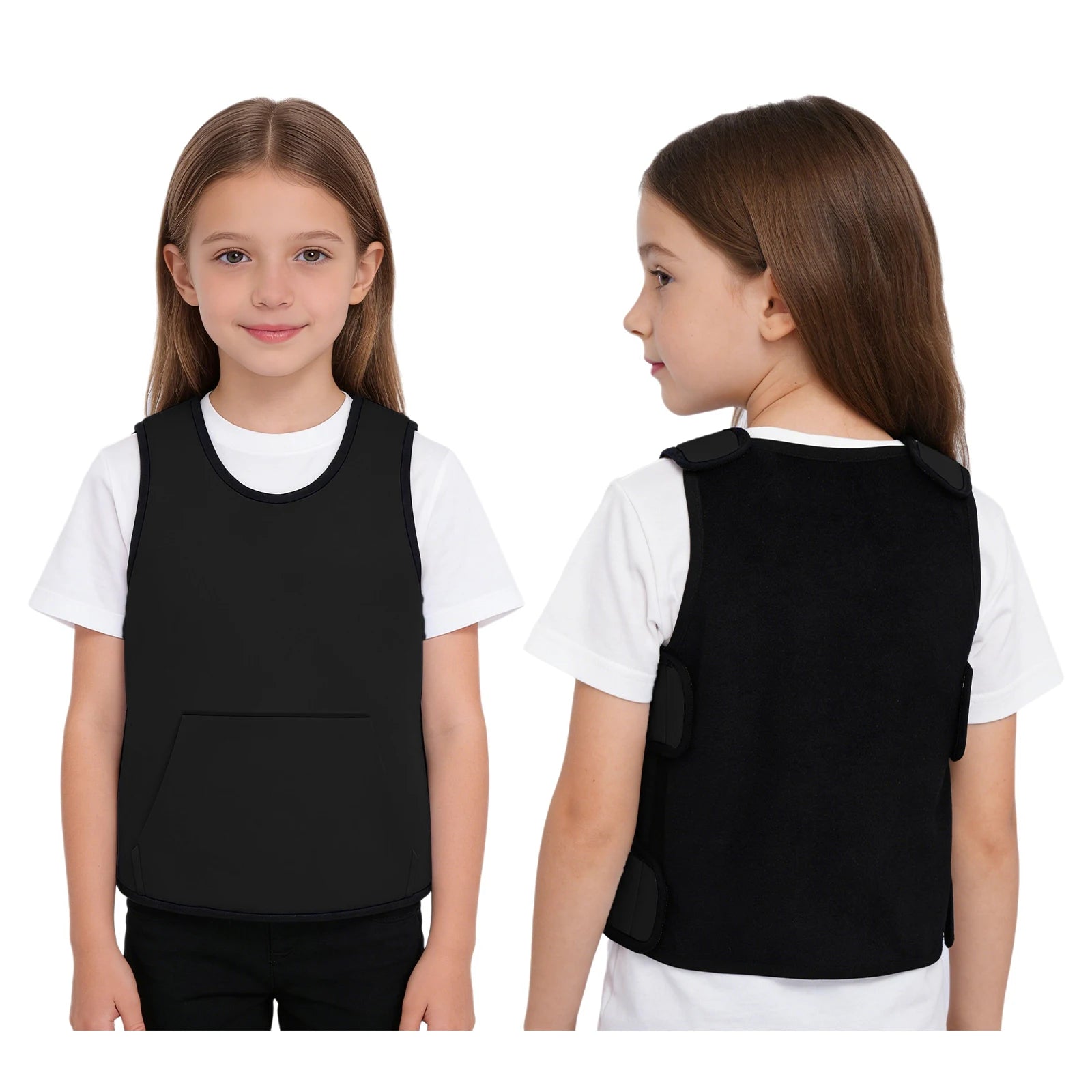 Child wearing a black Weighted Vest Kids Boys Girls Special Needs Adaptive Clothing Adjustable Fastener Sensory Compression Vest for Autism ADHD SPD, shown from front and back.