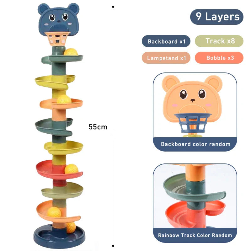 JahBri Montessori Baby Rolling Ball Track Toy featuring a 9-layer spiral design with colorful tracks, basketball hoop, and rolling balls, ideal for sensory play and fine motor skill development.