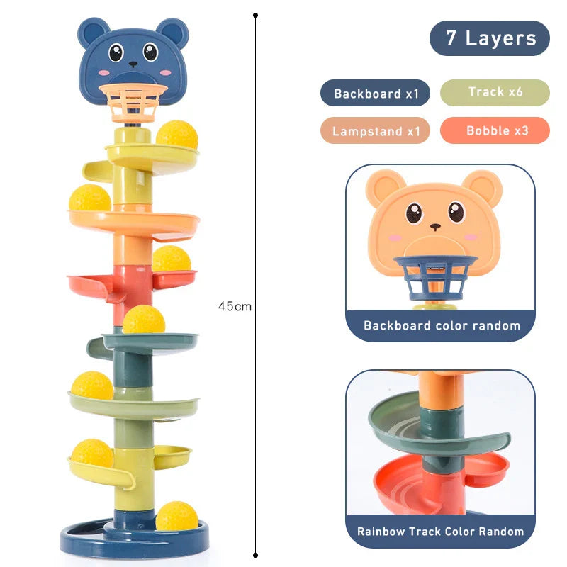 JahBri Montessori Baby Rolling Ball Track Toy featuring a colorful 7-layer design with bear-shaped backboard, multiple spiral tracks, and yellow balls for sensory play and fine motor skill development.