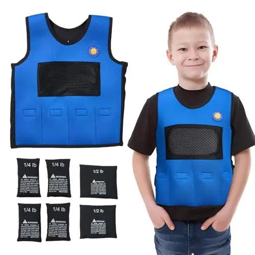 JahBri weighted sensory vest S size shown on child model with adjustable straps for growing kids