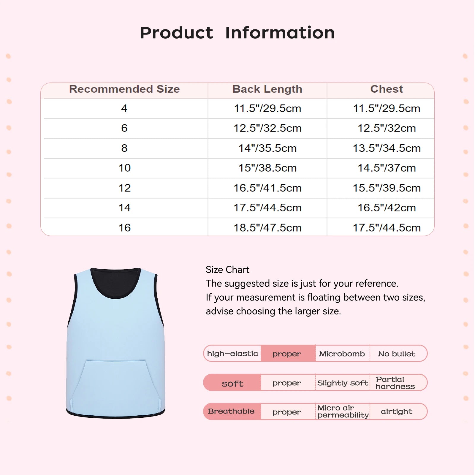 Size chart for Weighted Vest Kids Boys Girls Special Needs Adaptive Clothing Adjustable Fastener Sensory Compression Vest for Autism ADHD SPD showing back length and chest measurements in inches and centimeters with fabric properties including high-elastic, soft, and breathable material.