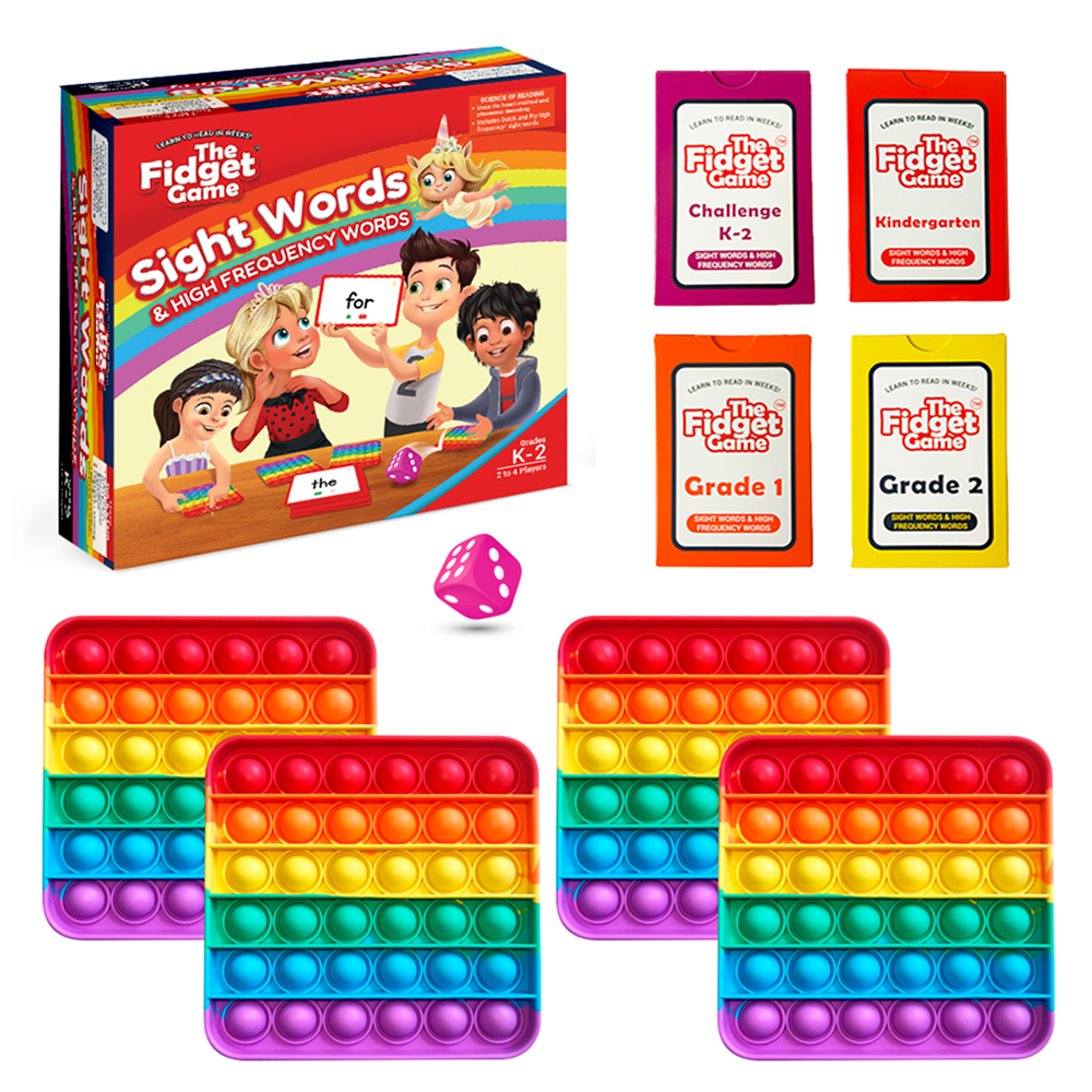 Box for The Fidget Game: Sight Words Edition | Learning Card Game for Kids with ADHD & Sensory Needs featuring colorful cards for Kindergarten to Grade 2, a pink die, and four rainbow-colored pop-it fidget toys.