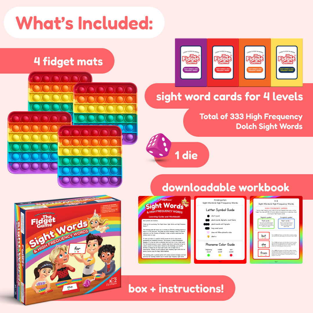 The Fidget Game: Sight Words Edition | Learning Card Game for Kids with ADHD & Sensory Needs includes colorful fidget mats, sight word cards for four levels, a die, a downloadable workbook, and a box with instructions.