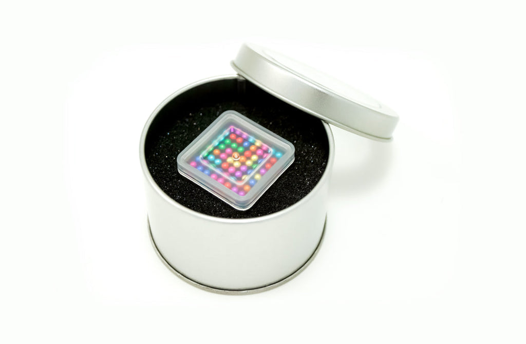 Magnetic Balls Fidget Toy | 3MM Neodymium Stress Relief Balls for Adults & Teens displayed in a metal tin with a colorful, compact magnetic puzzle inside, ideal for calming and fine motor skills.