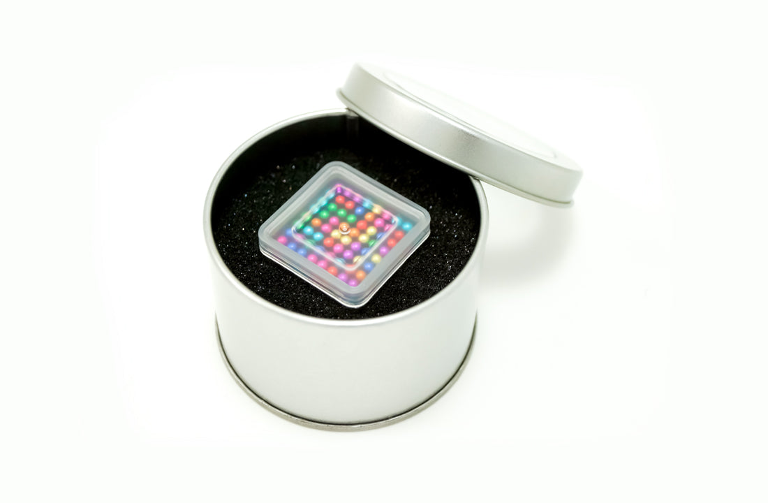 Magnetic Balls Fidget Toy | 3MM Neodymium Stress Relief Balls for Adults & Teens displayed in a metal tin with a colorful, compact magnetic puzzle inside, ideal for calming and fine motor skills.