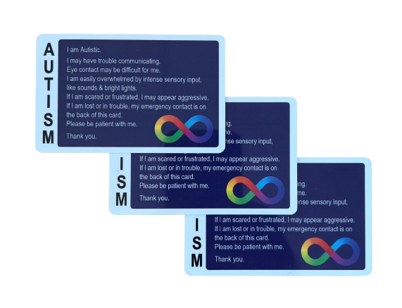 Write-On Autism Awareness Card | Reusable Communication Card for Nonverbal & AAC Users displaying important messages to assist communication, featuring a rainbow infinity symbol on a blue background.