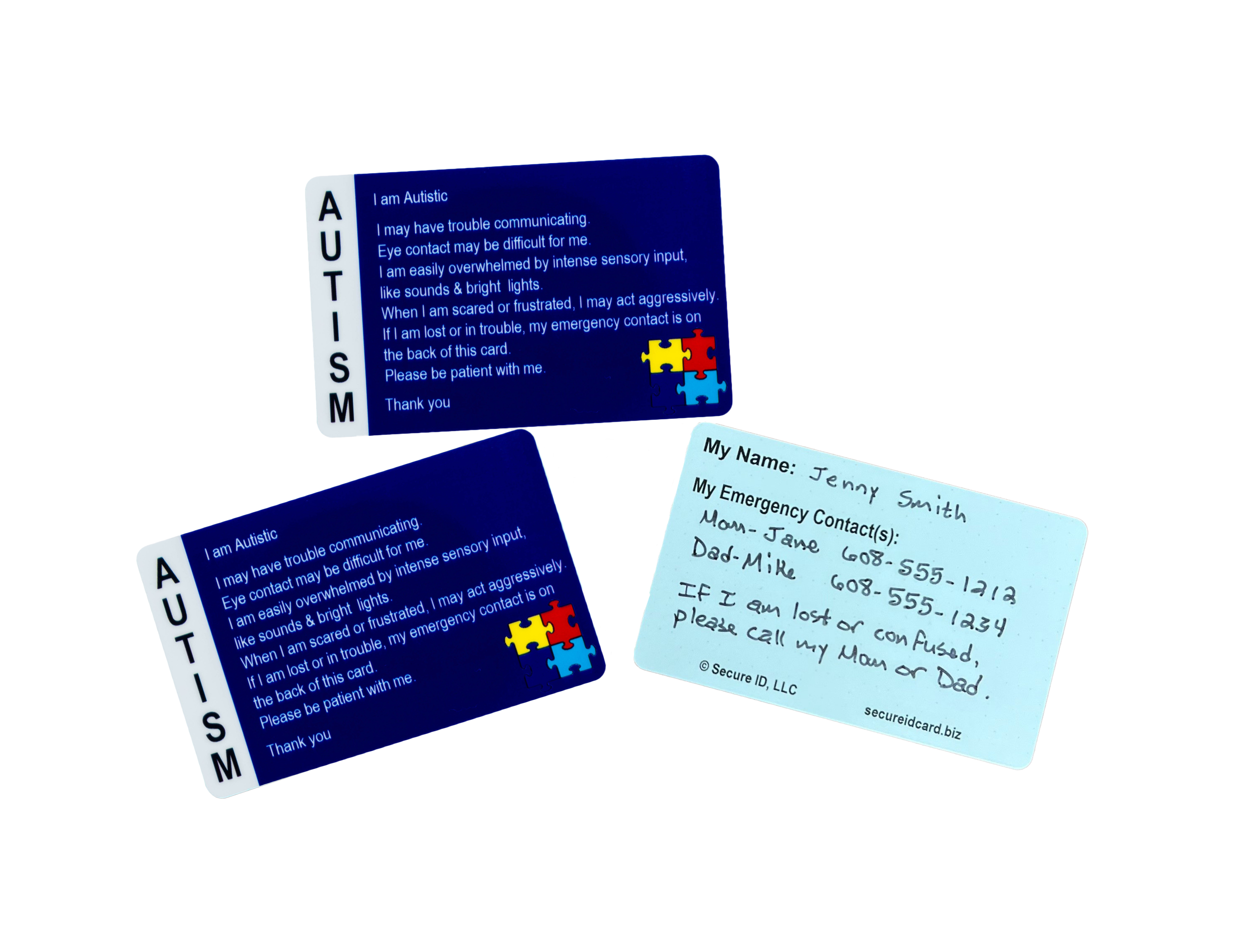 Write-On Autism Awareness Card | Reusable Communication Card for Nonverbal & AAC Users showing front and back sides with autism awareness puzzle design and contact information handwritten.