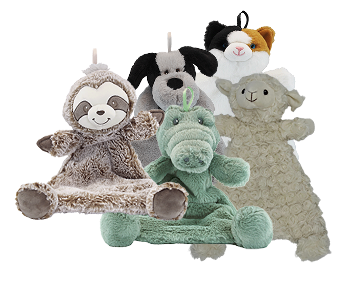 Crinkle Cuddler Sensory Plush Gator | Baby Sensory Toy for Soothing & Stimulation surrounded by soft animal plush toys including a sloth, dog, cat, and lamb, perfect for sensory play and comfort.