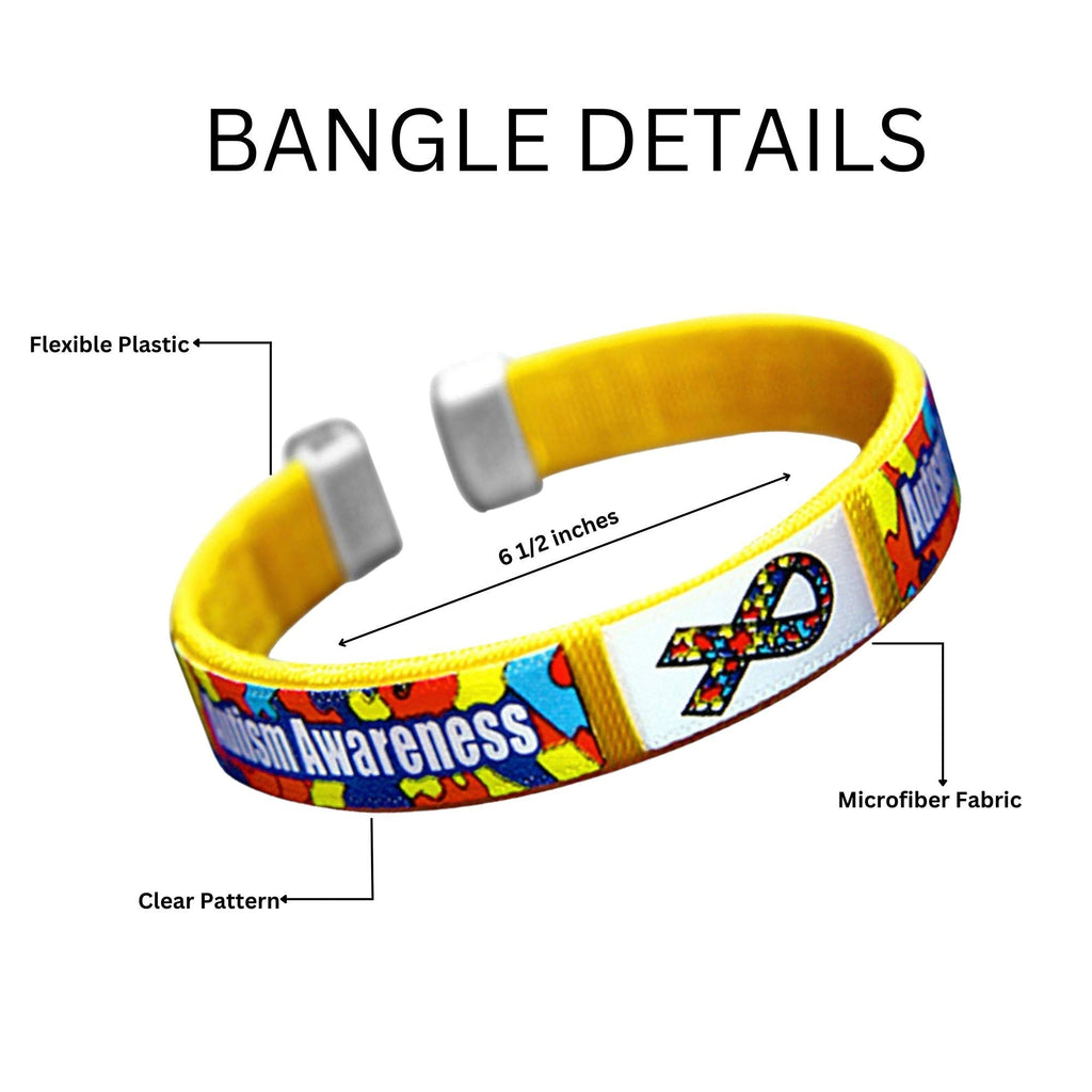 Autism Awareness Bangle Bracelets | Puzzle Piece Jewelry for Adults featuring flexible plastic, microfiber fabric, clear patterned design, and measuring 6 1/2 inches in length.
