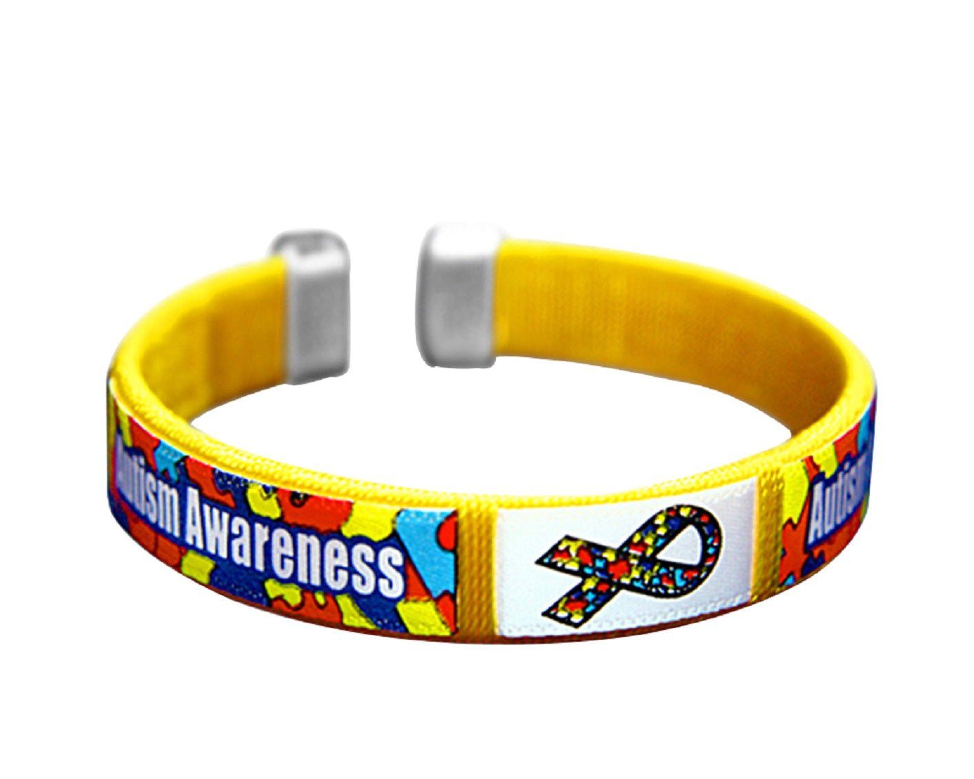 Autism Awareness Bangle Bracelets | Puzzle Piece Jewelry for Adults featuring a yellow adjustable band with colorful puzzle piece accents and an autism awareness ribbon design.