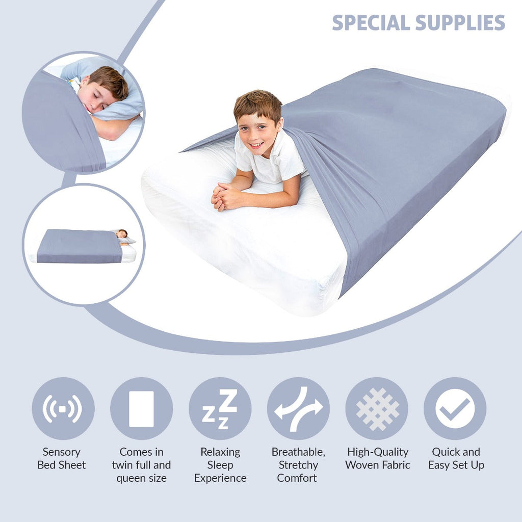 Infographic showing the calming deep-pressure benefits of the JahBri compression bed sheet
