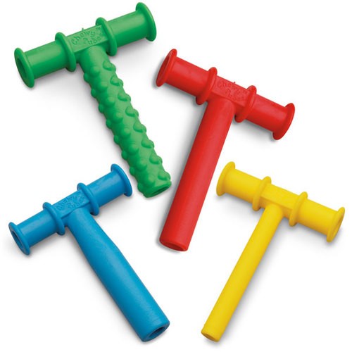 Four colorful Chewy Tubes Oral Motor Tool in green, red, blue, and yellow designed to support oral sensory development and fine motor skills.