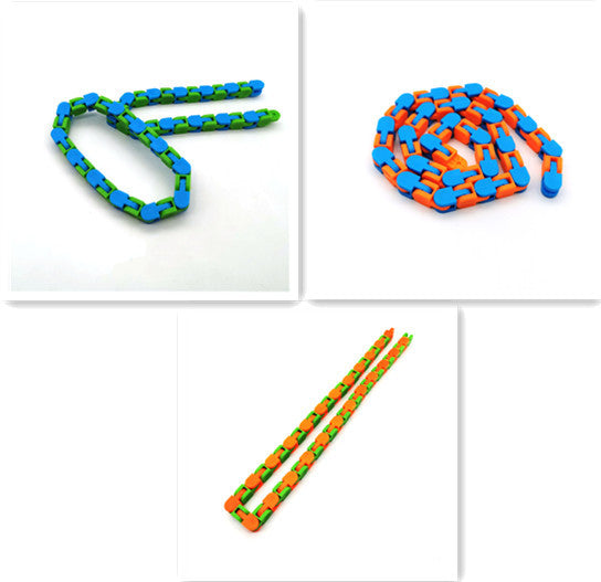 Set of three colorful Fidget Chain Bracelet | Wearable Bike Chain Stress Relief Toy for Adults & Teens in blue-green, orange-blue, and orange-green combinations designed for sensory fidgeting and stress relief.