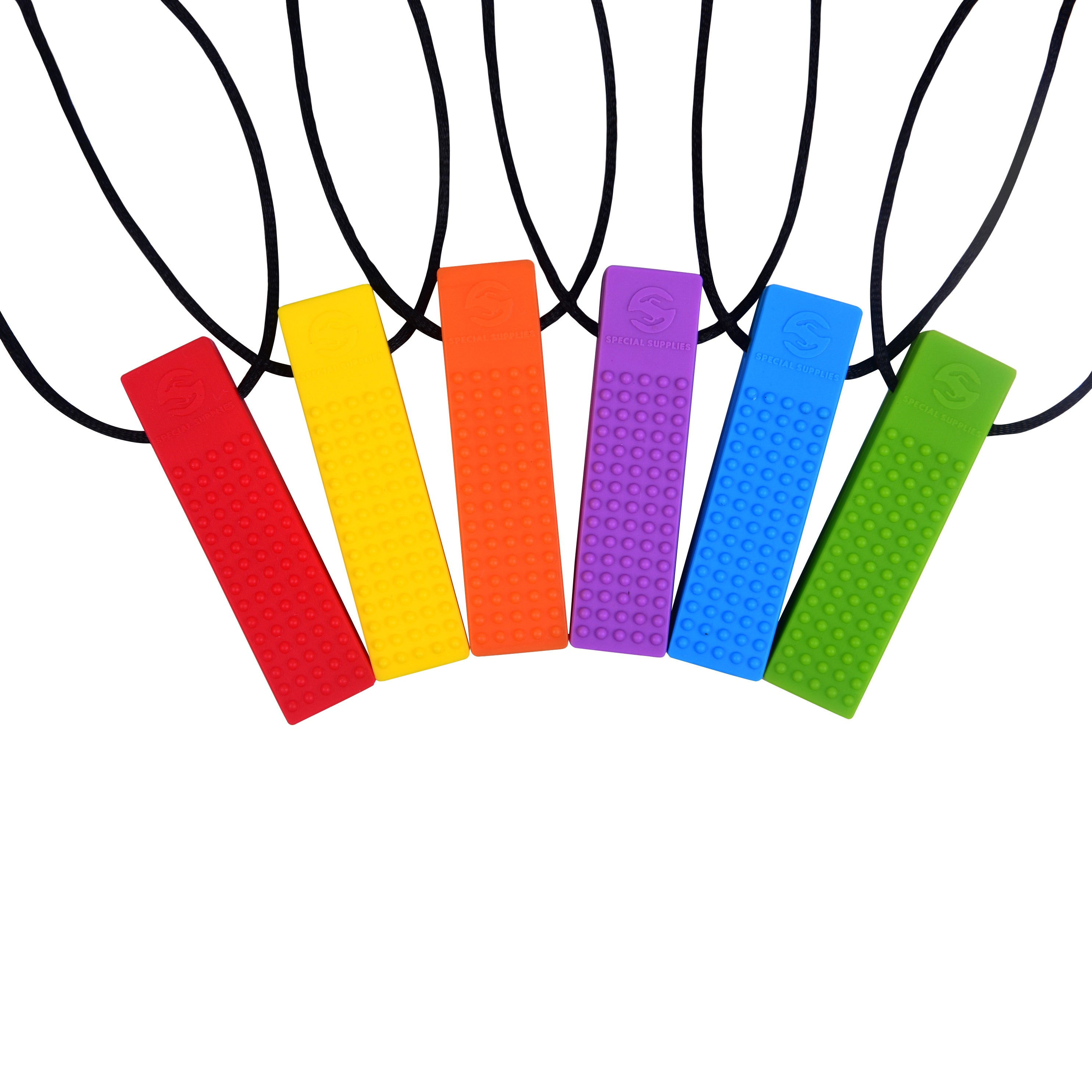 Six colorful Chewy Blocks Necklace - Calming Textured Chewy Silicone Pendant for Autism & Oral Motor Special Needs Kids in red, yellow, orange, purple, blue, and green on black cords.