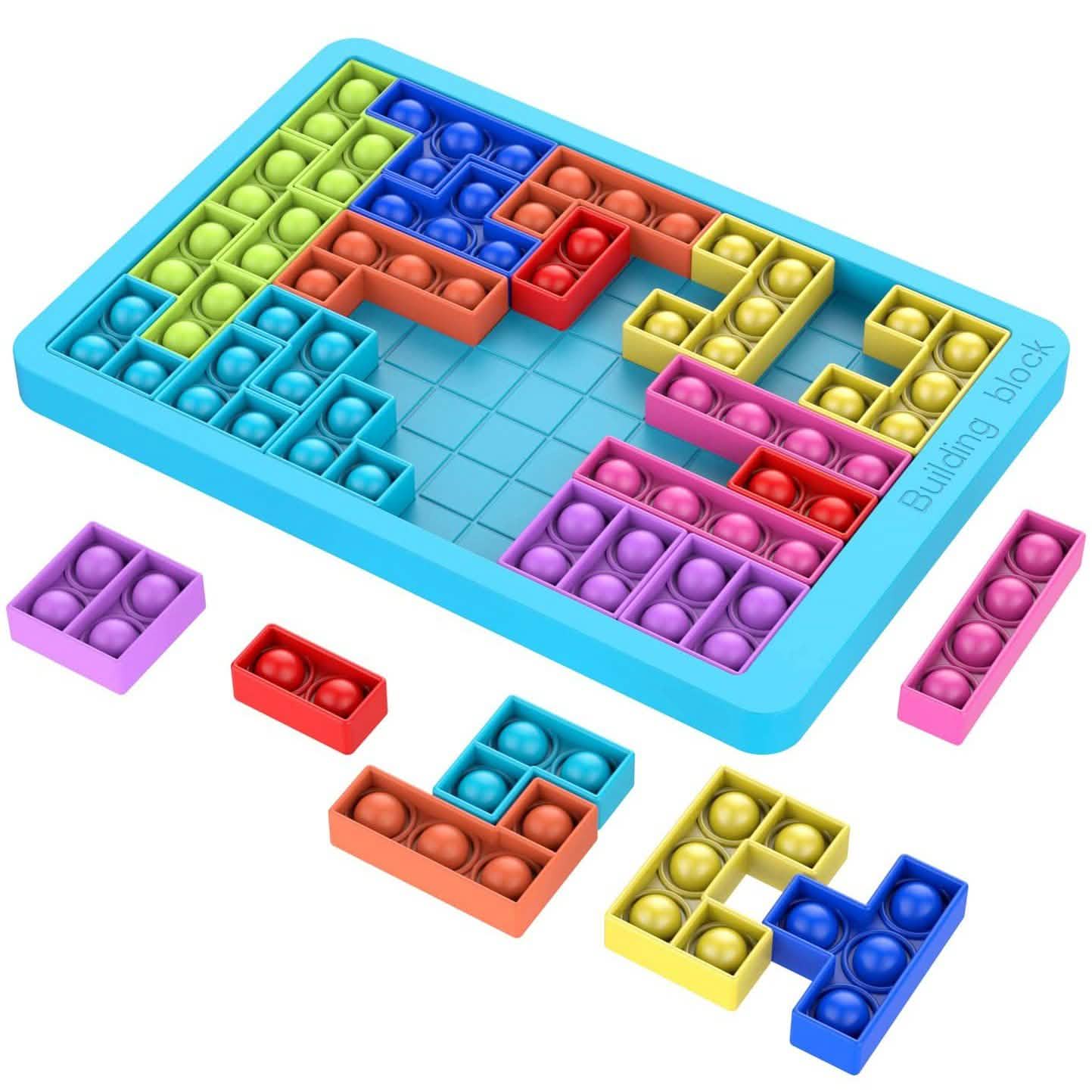 Big Size Push Pop Bubble Fidget Toy | Jumbo Silicone Sensory Toy for Kids & Adults featuring colorful silicone bubble blocks arranged on a blue tray, designed for tactile sensory play and stress relief.