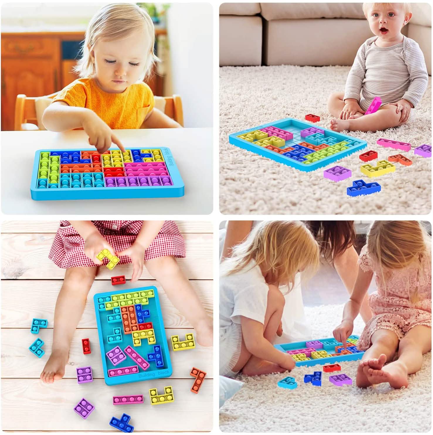 Children playing with colorful interlocking silicone blocks on a blue tray, demonstrating fine motor skills with the Big Size Push Pop Bubble Fidget Toy | Jumbo Silicone Sensory Toy for Kids & Adults.