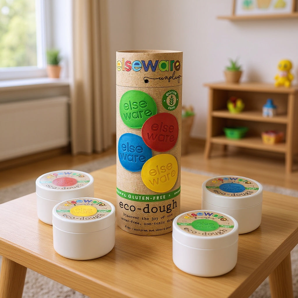 Eco-Dough 4pk | Gluten-Free Natural Playdough Sensory Toy for Kids displayed with four colorful dough containers on a wooden table in a cozy, child-friendly room setting.
