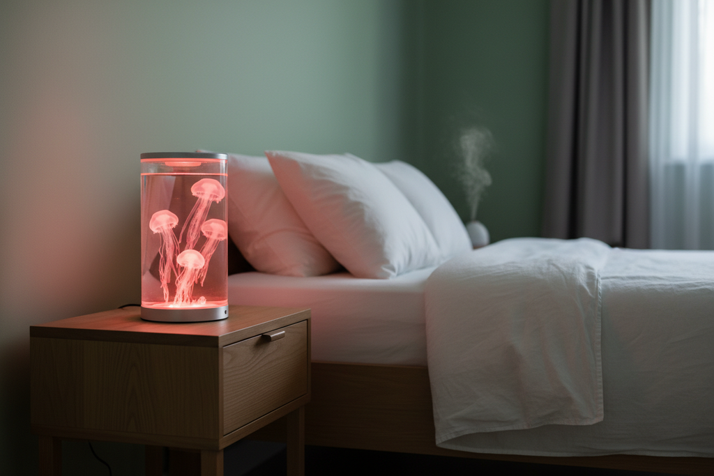 LED Jellyfish Sensory Lamp glowing on a nightstand in a calm sensory bedroom