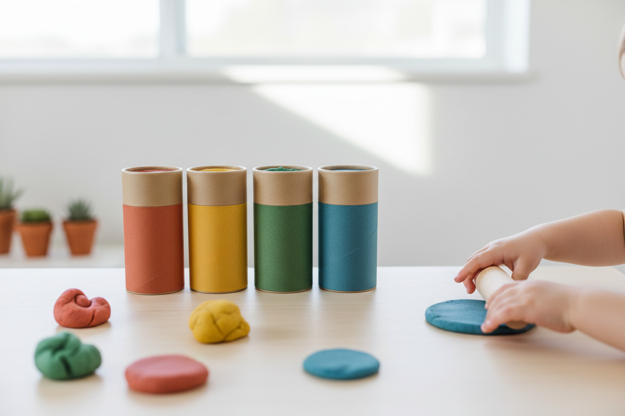 Eco-Dough 4-pack gluten-free natural playdough tubes on a wooden table with child's hands
