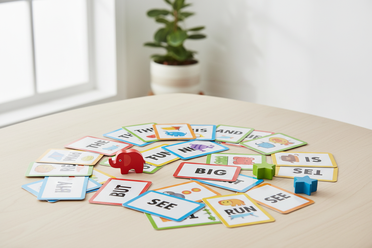 Colorful sight word learning card game spread on a light wooden table