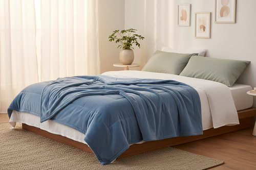 Blue Dream kids weighted blanket draped over a bed in a calm sensory bedroom