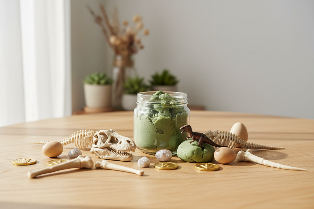 Dinosaur playdough sensory kit with fossils and bones on a wooden table