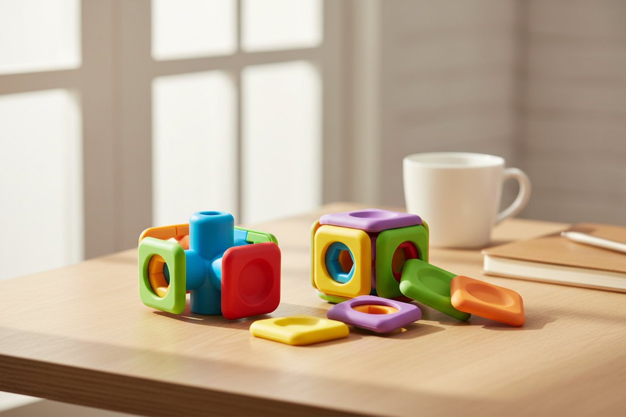 Colorful modular fidget cube with swappable face panels on a light wooden desk