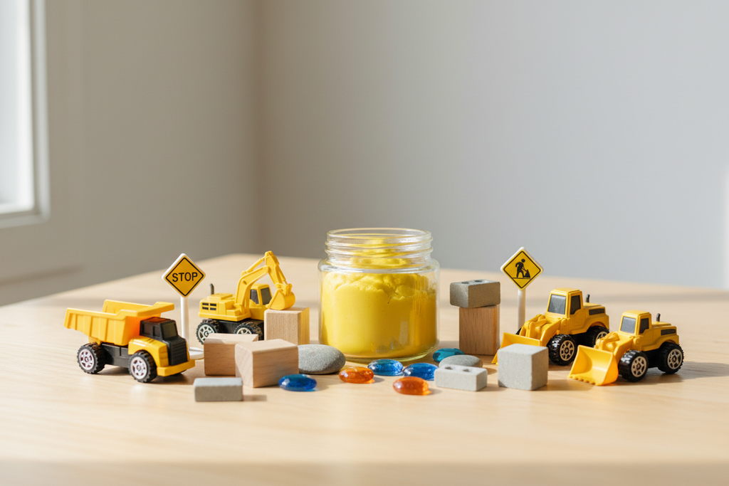 Construction site playdough sensory kit with trucks, blocks, road signs and gems on a wooden table