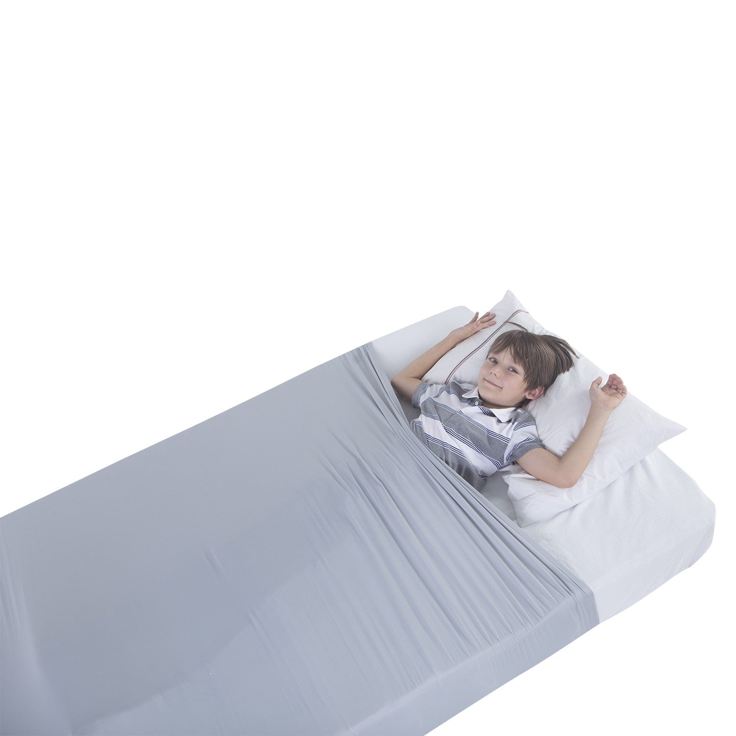 Child in bed using the JahBri sensory compression sheet as a lighter alternative to a weighted blanket