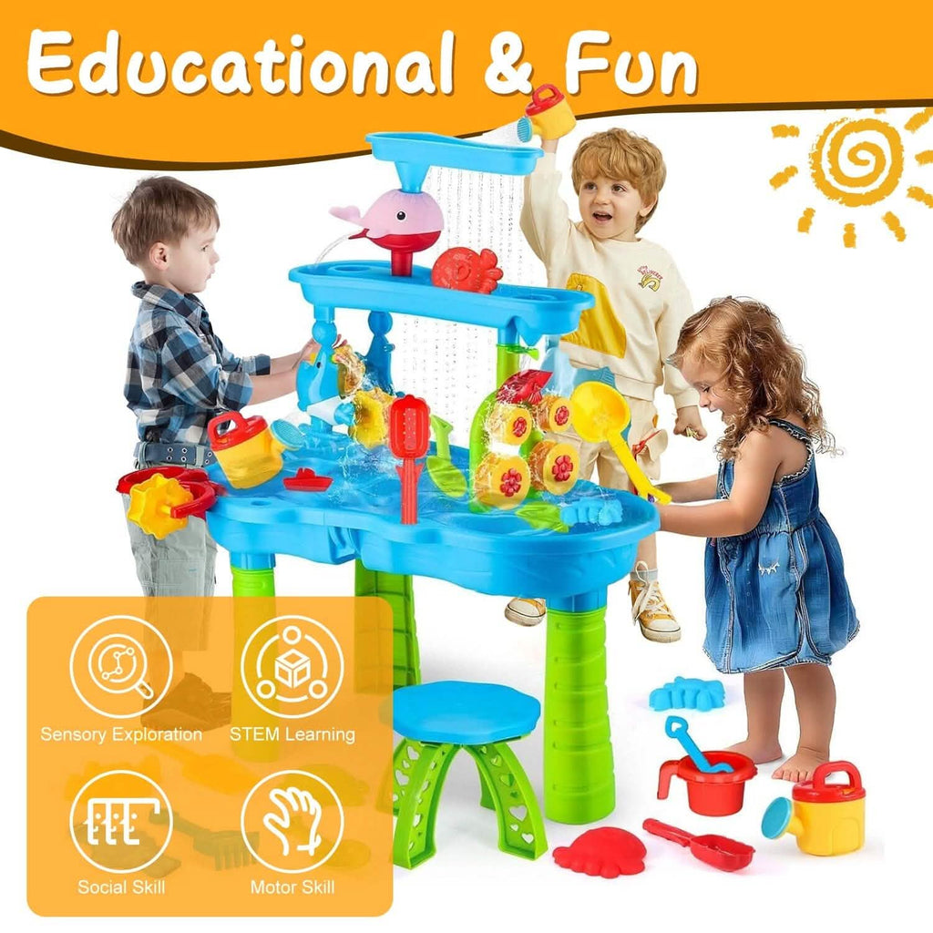 Three young children playing with the Kids Sand & Water Sensory Table | Outdoor Play for Ages 3–6 featuring colorful water and sand toys promoting sensory exploration, STEM learning, social skills, and motor skills development.