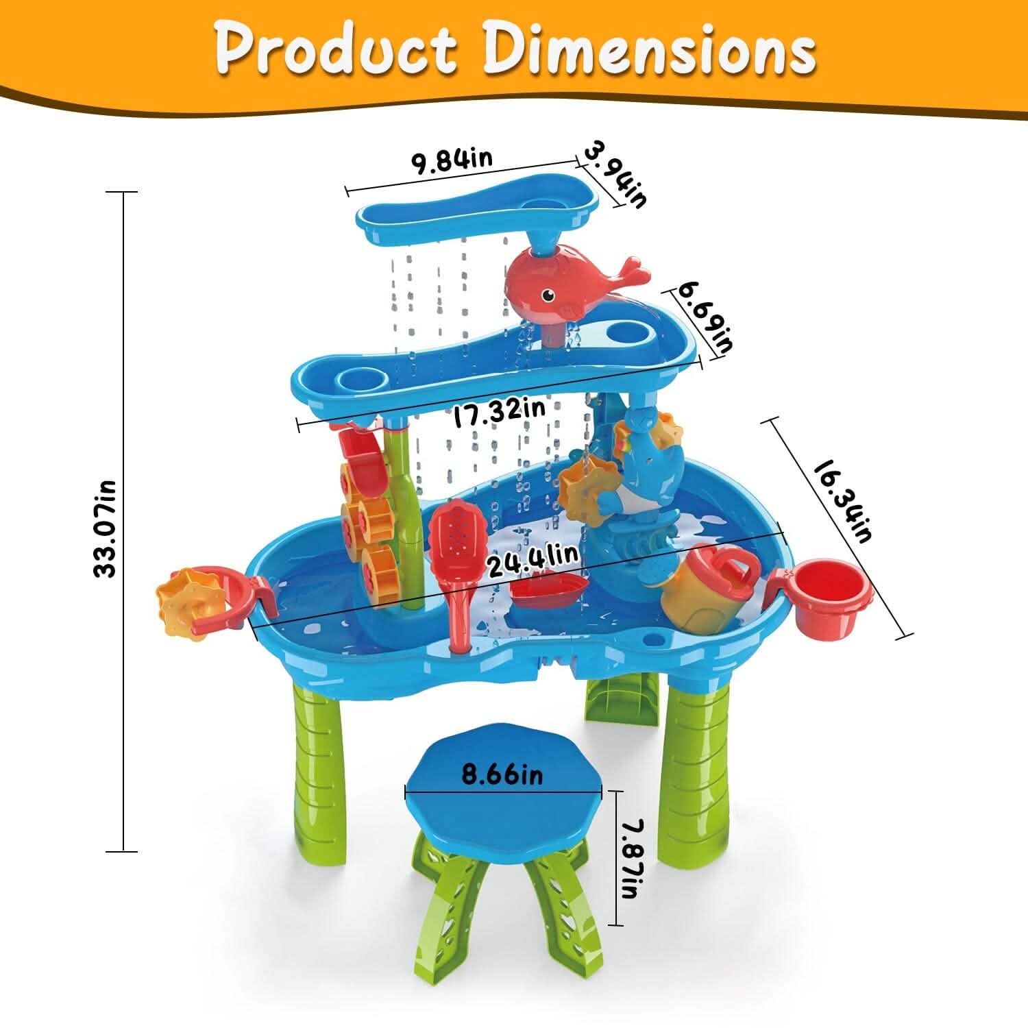 Kids Sand & Water Sensory Table | Outdoor Play for Ages 3–6 featuring colorful blue and green design with interactive water wheel, funnel, and animal-shaped accessories to support sensory and fine motor skills development.