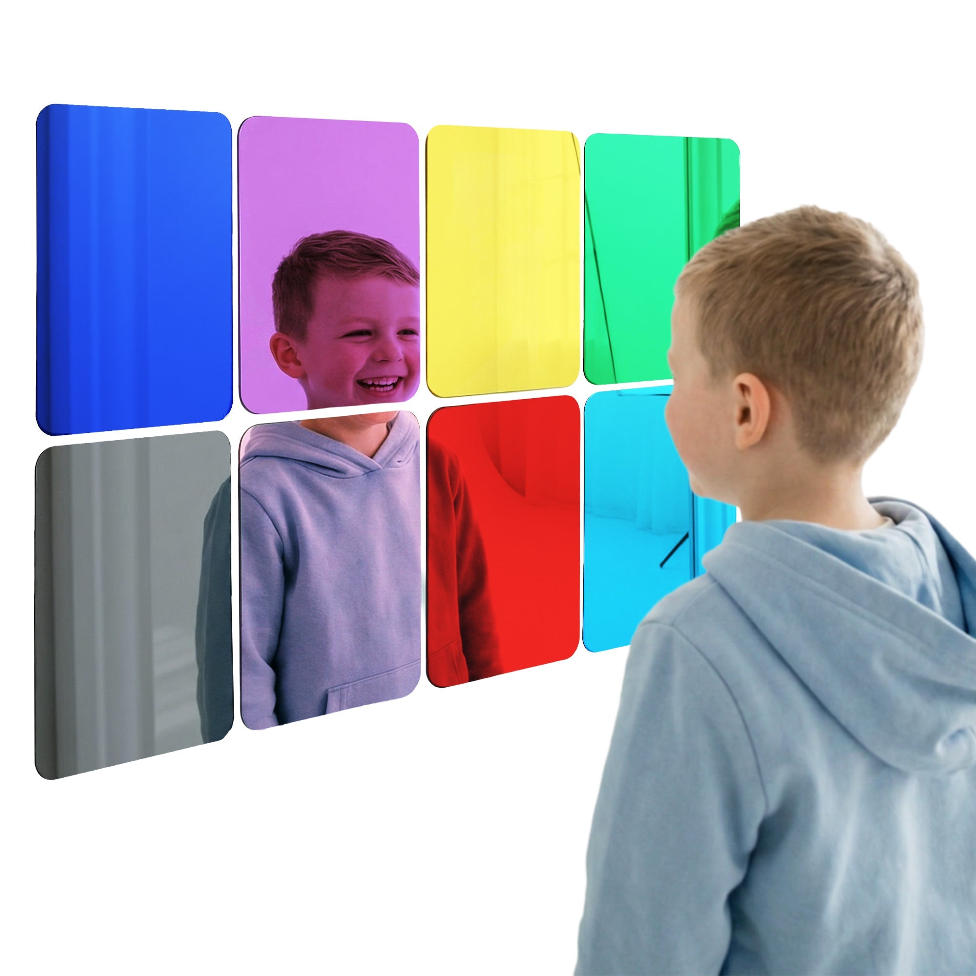 Colorful pack of 8 acrylic sensory wall mirrors installed on a wall with a child exploring reflections