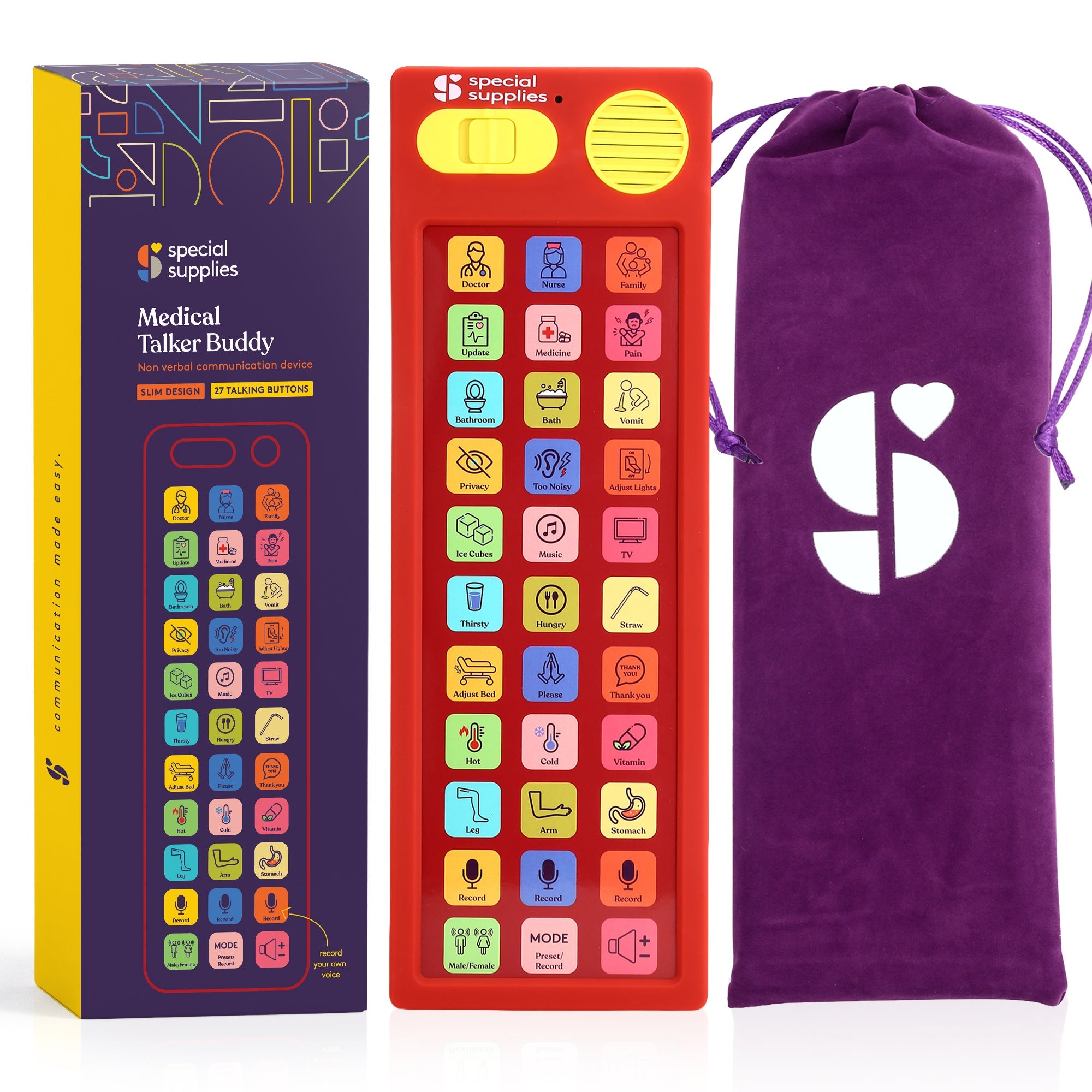Talker Buddy recordable communication device shown with colorful soft-touch buttons