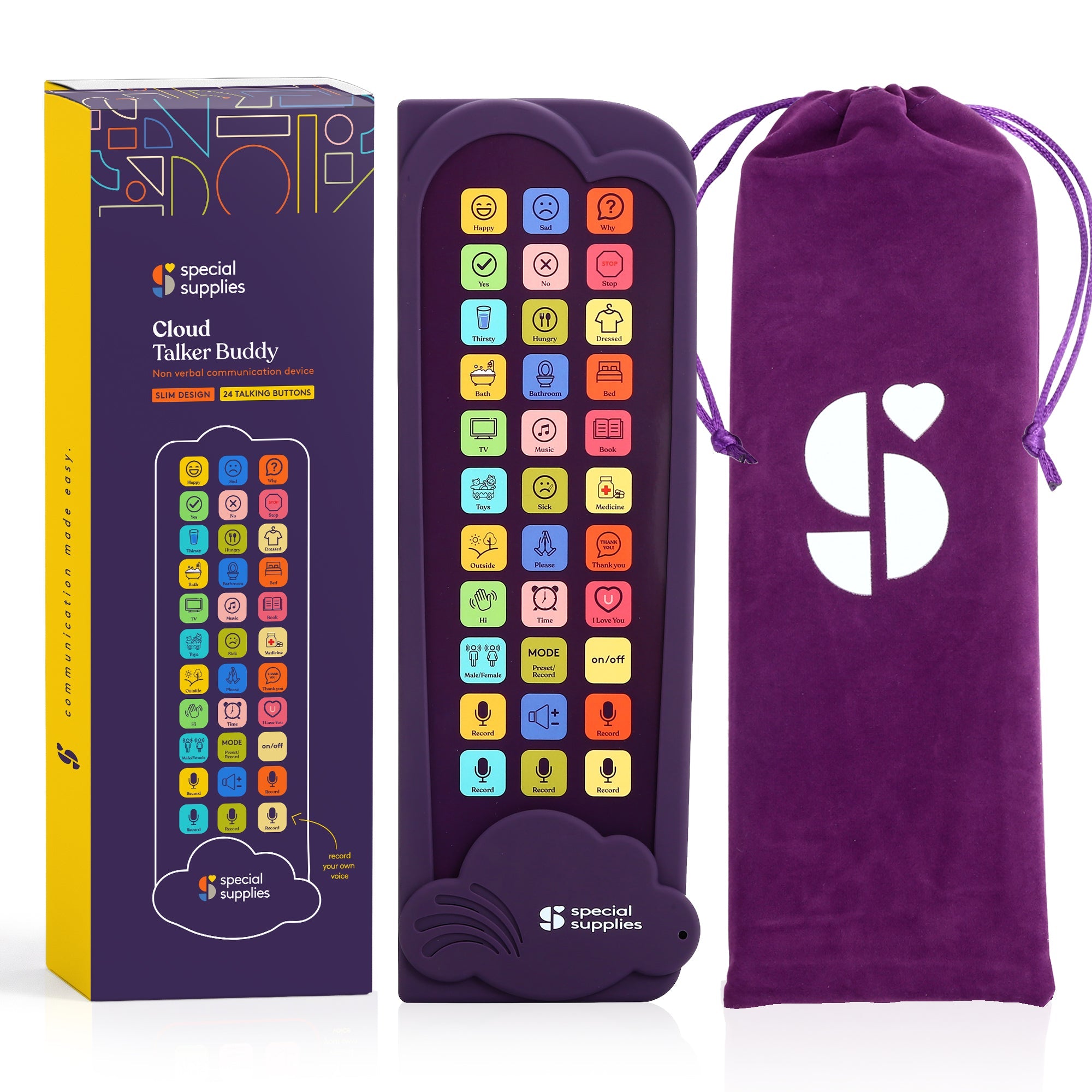 Child and adult each using a Talker Buddy recordable communication device with colorful buttons