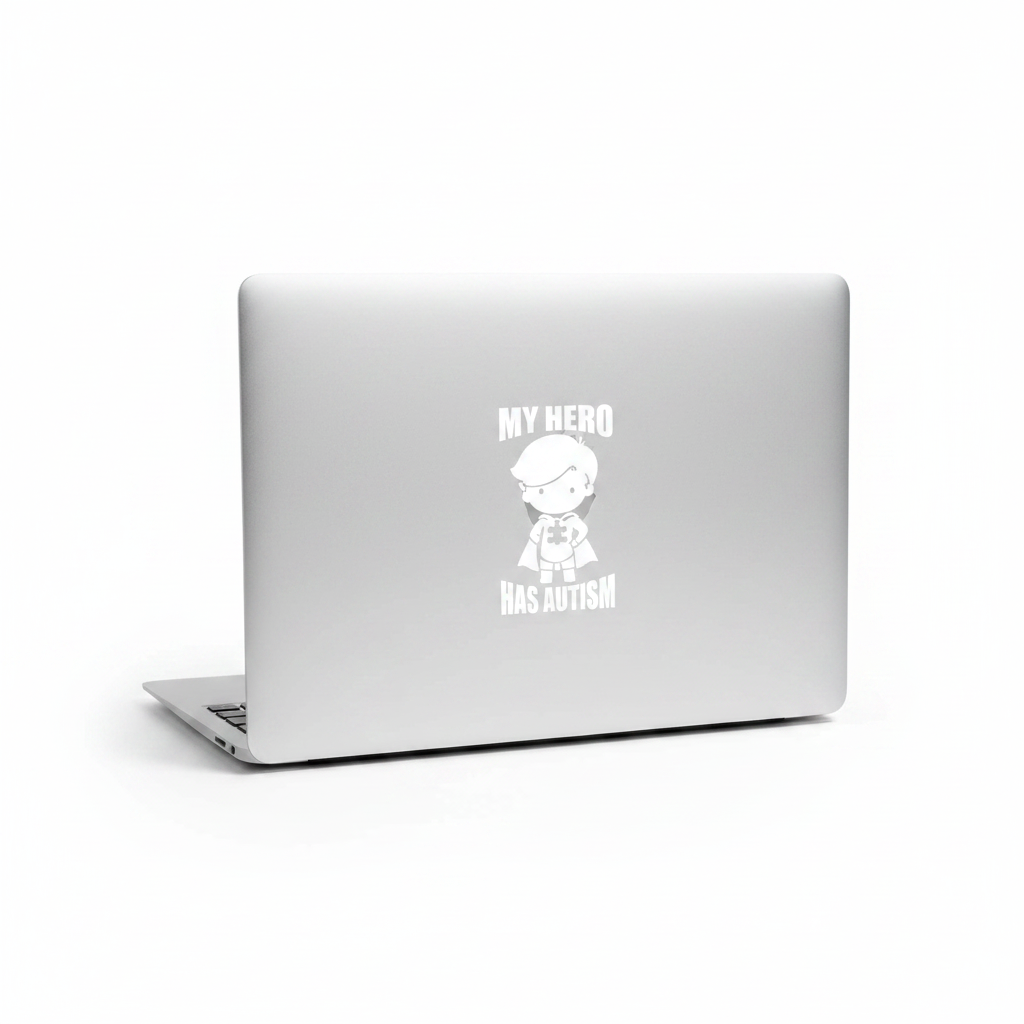 JahBri My Hero Has Autism black vinyl decal sticker on car bumper for autism awareness advocacy