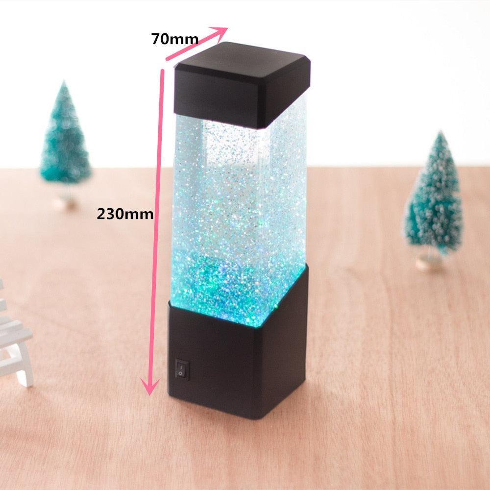 LED Jellyfish Sensory Lamp | Calming Visual Night Light for Autism & ADHD with shimmering blue glitter liquid in a rectangular black frame, designed for sensory and calming effects.