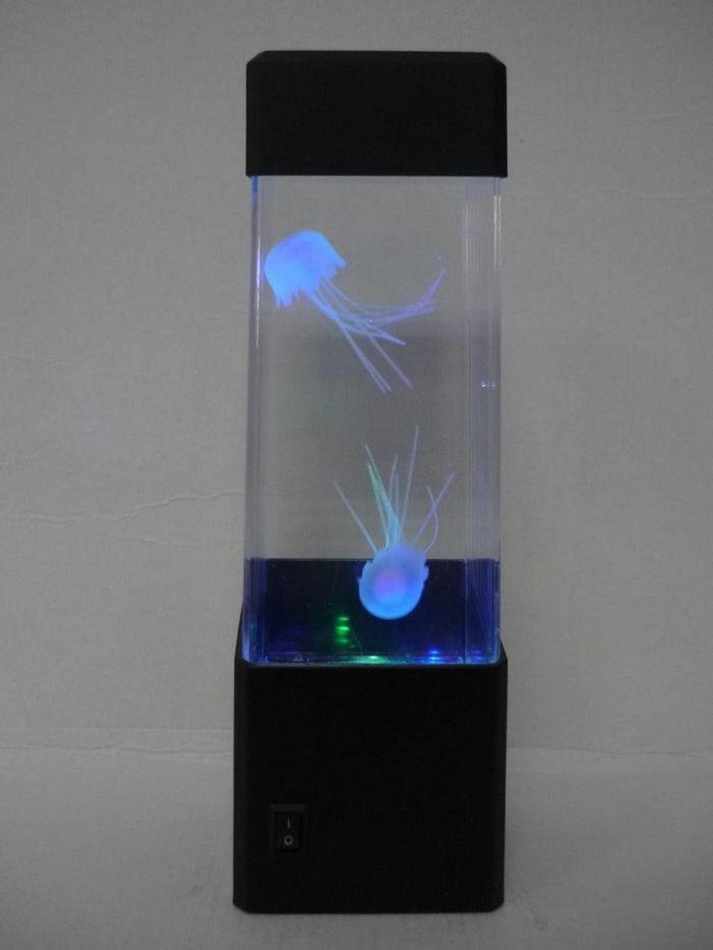 LED Jellyfish Sensory Lamp | Calming Visual Night Light for Autism & ADHD featuring glowing blue jellyfish in a clear rectangular water tank with a black base and top.