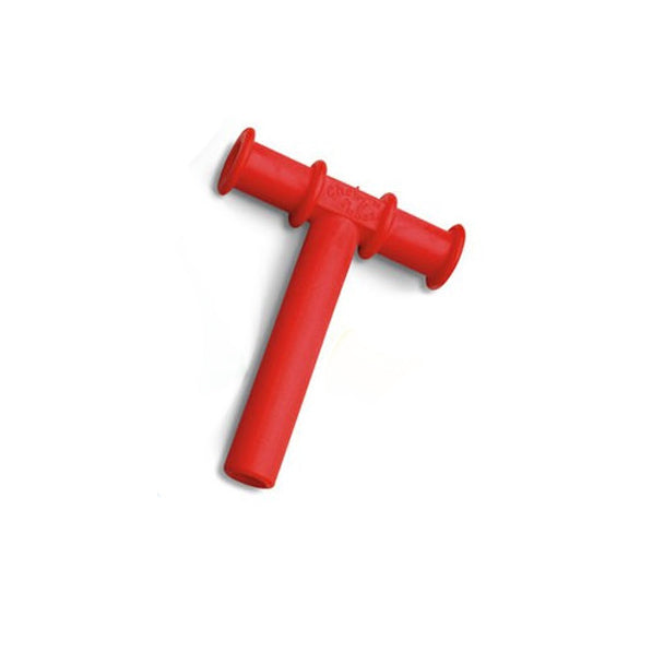 Red oral sensory tool designed to support fine motor skills and calming oral sensory input, identified as Chewy Tubes Oral Motor Tool.