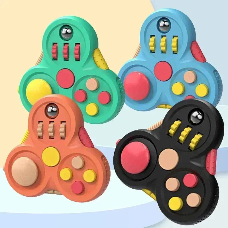 Four colorful Rotating Magic Bean Fidget Toy | Spin & Stress Relief Puzzle for Adults & Kids in green, blue, orange, and black, featuring various buttons, sliders, and textures for sensory and calming effects.