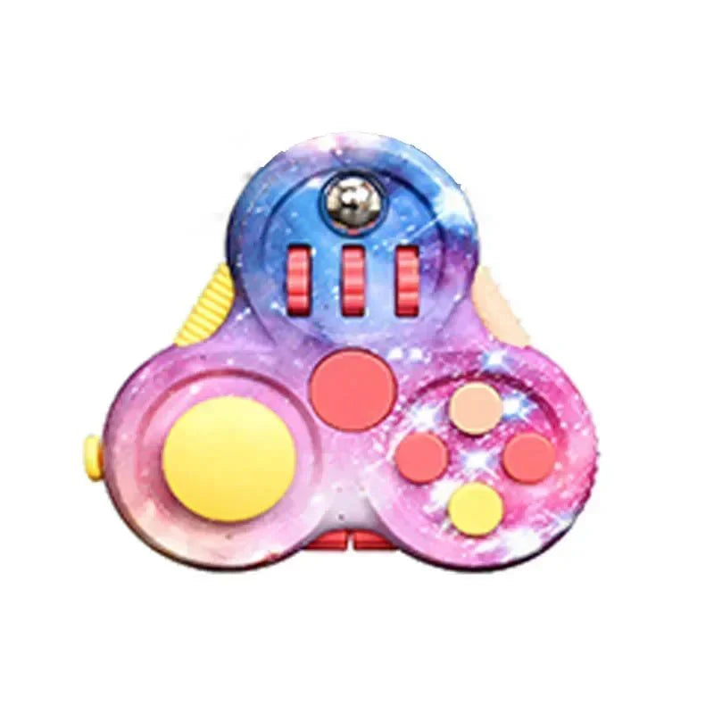 Rotating Magic Bean Fidget Toy | Spin & Stress Relief Puzzle for Adults & Kids with galaxy print, featuring buttons, sliders, and tactile elements designed for sensory stimulation and calming.