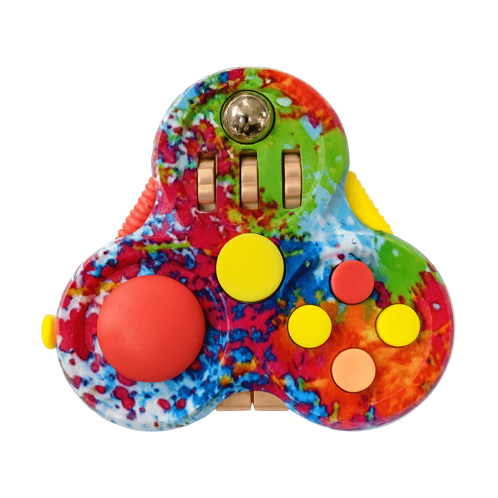 Rotating Magic Bean Fidget Toy | Spin & Stress Relief Puzzle for Adults & Kids with a colorful tie-dye design featuring buttons, switches, and a rolling ball for sensory stimulation.
