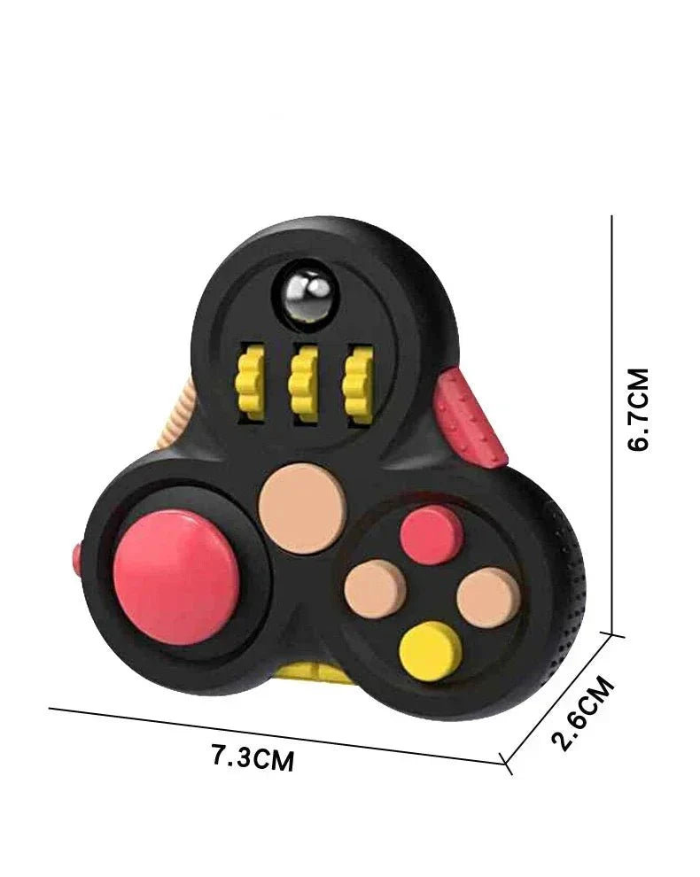 Rotating Magic Bean Fidget Toy | Spin & Stress Relief Puzzle for Adults & Kids featuring a compact black triangular design with colorful buttons, gears, and textured sensory elements.