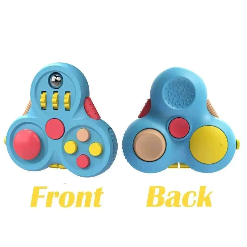 Front and back views of a blue Rotating Magic Bean Fidget Toy | Spin & Stress Relief Puzzle for Adults & Kids featuring various buttons, dials, and textured surfaces designed for sensory stimulation and calming effects.