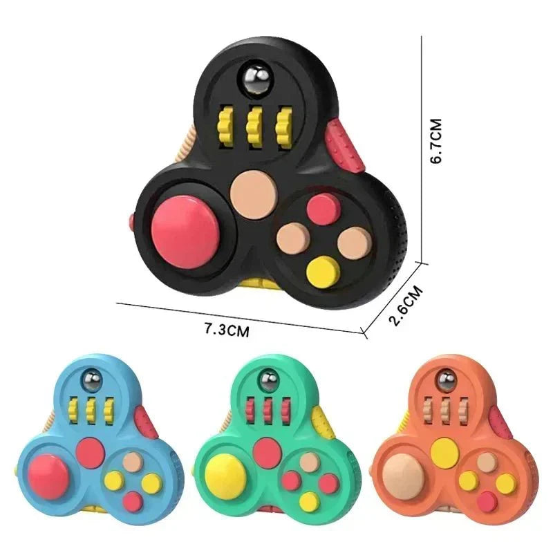 Rotating Magic Bean Fidget Toy | Spin & Stress Relief Puzzle for Adults & Kids in black, blue, green, and orange with multiple buttons, dials, and sensory features for calming and fine motor skill development.
