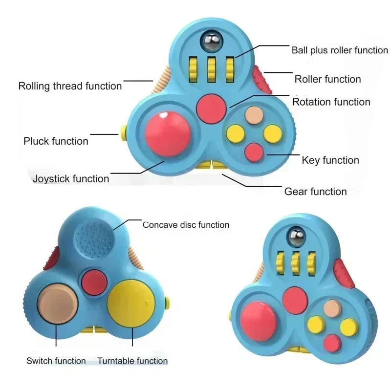 Diagram of a blue Rotating Magic Bean Fidget Toy | Spin & Stress Relief Puzzle for Adults & Kids showing labeled features including ball plus roller, roller, rotation, key, gear, joystick, pluck, rolling thread, concave disc, switch, and turntable functions designed for sensory and calming use.